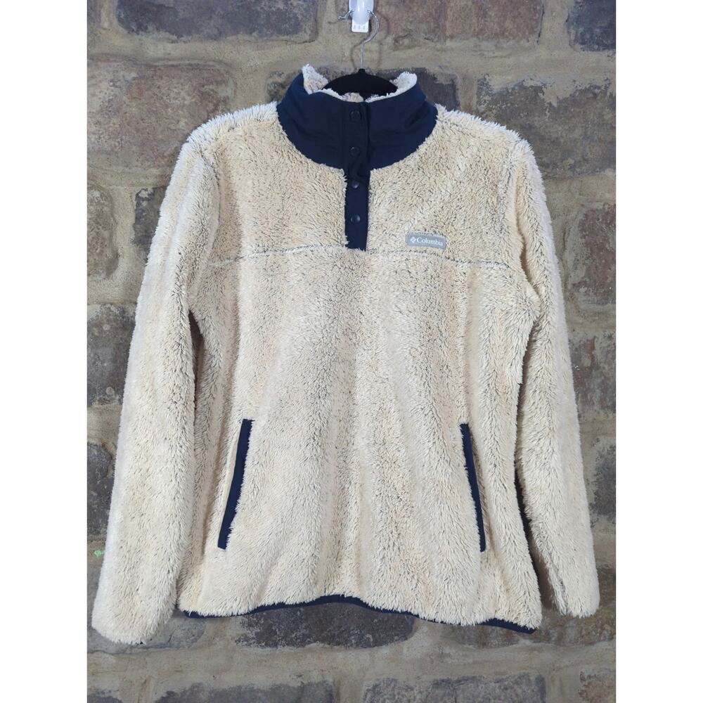 Columbia Top Woman's Large Tan Blue Fuzzy 1/4 Snap Soft Cozy Neutral Winter